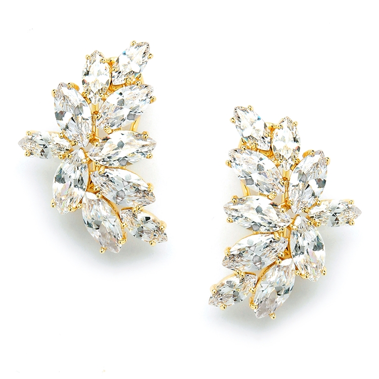Shimmering Cubic Zirconia Marquis Cluster Gold Clip-On Earrings<br>3598EC-G