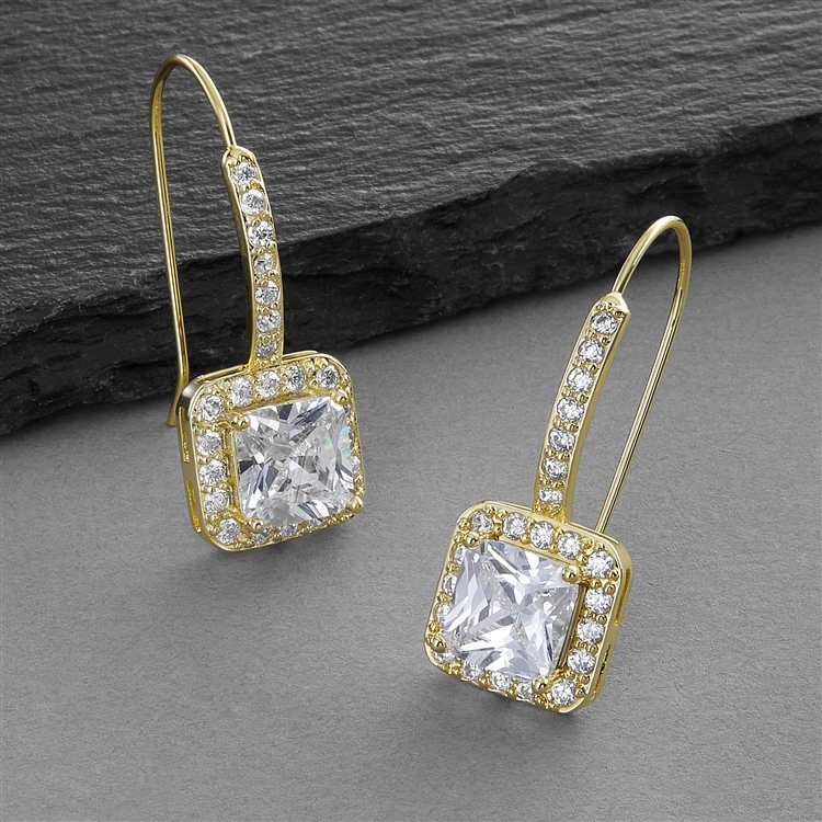 Radiant Cut Gold Cubic Zirconia Drop Bridal or Bridesmaids Earrings<br>3609E-G