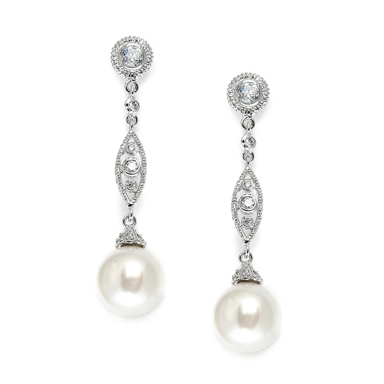 Mariell Wholesale Dangle Wedding Earrings with CZ Filigree & Bold Pearl