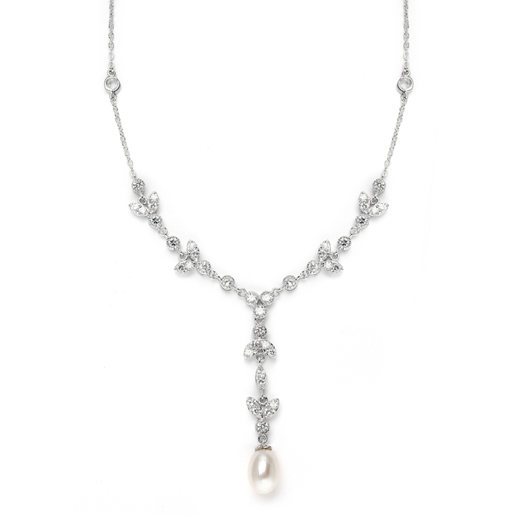 Freshwater Pearl & CZ Tulip Bridal Y Necklace for Weddings<br>3638N