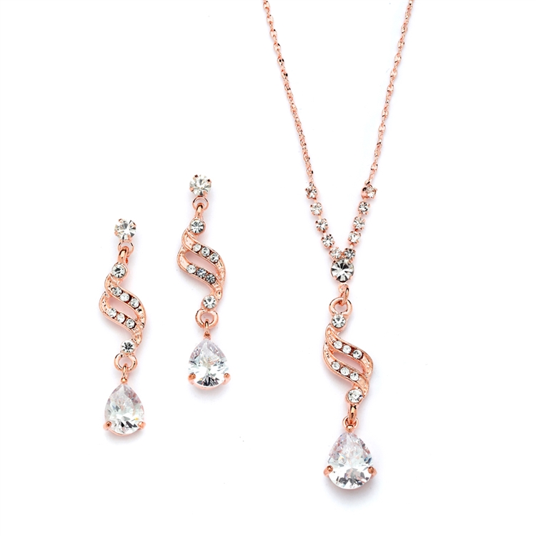 Dainty Rose Gold Necklace & Earrings Set with CZ Teardrops<br>3668S-CR-RG