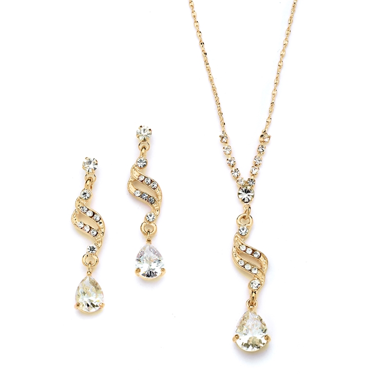 Dainty Gold Necklace & Earrings Set with CZ Teardrops<br>3668S-G