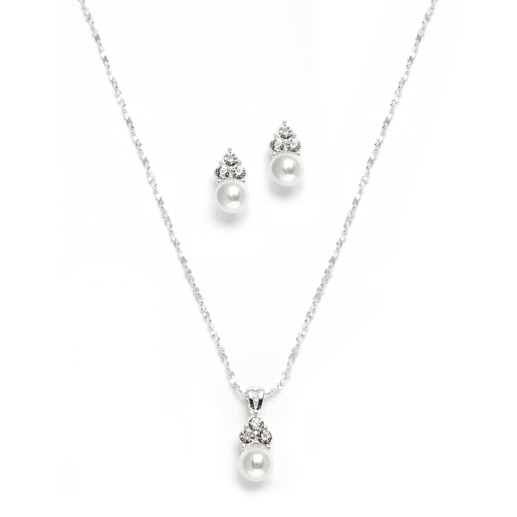 White Pearl & Crystal Wedding Necklace & Earrings<br>3671S