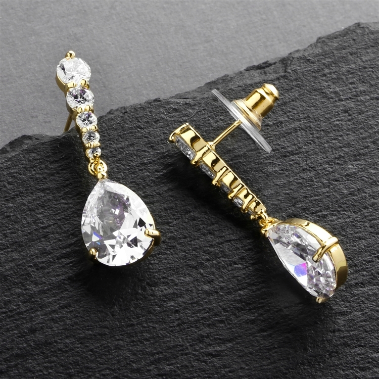 14K Gold Plated Pear-Shaped CZ Dangle Earrings with Graduated Top<br>3677E-G
