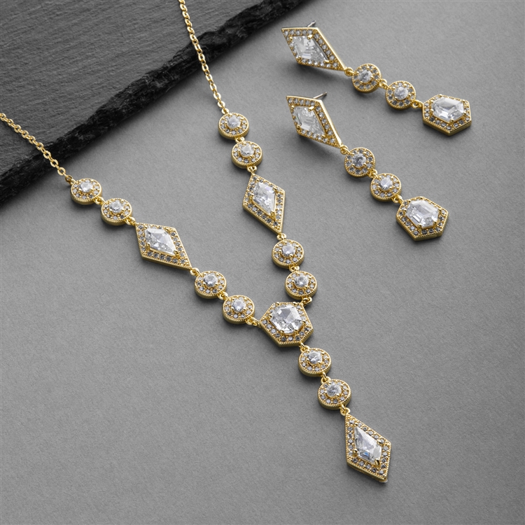 Empress & Noble Cut Cubic Zirconia Bridal Necklace & Earrings Set<br>3696S-G
