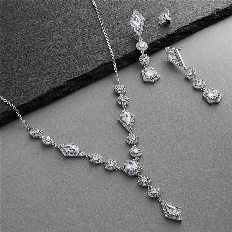 Swarovski Crystal Bridal V Drop Necklace , Long Bridal Jewelry, Bridal Earrings and Necklace, Statement Earrings CZ Necklace Set.