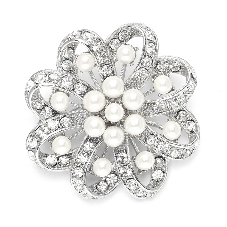 Mariell Wholesale Regal Crystal & Pearl Swirl Vintage Wedding Brooch