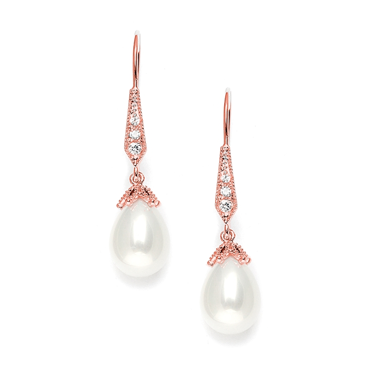 Mariell Wholesale Vintage Rose Gold French Wire Bridal Earrings with Pearl Teardrops with CZ Pave