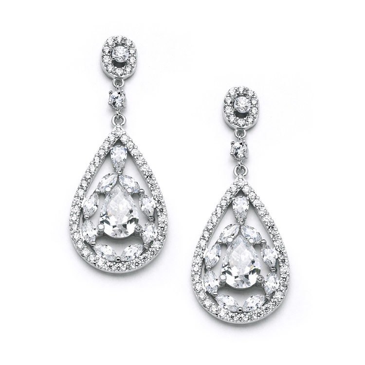 Silver Platinum Cubic Zirconia Mosaic Teardrop Bridal, Prom or Wedding Earrings<br>3784E