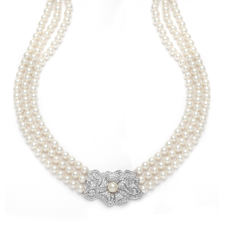 3-Row Pearl & Cubic Zirconia Vintage Wedding Necklace<br>3826N