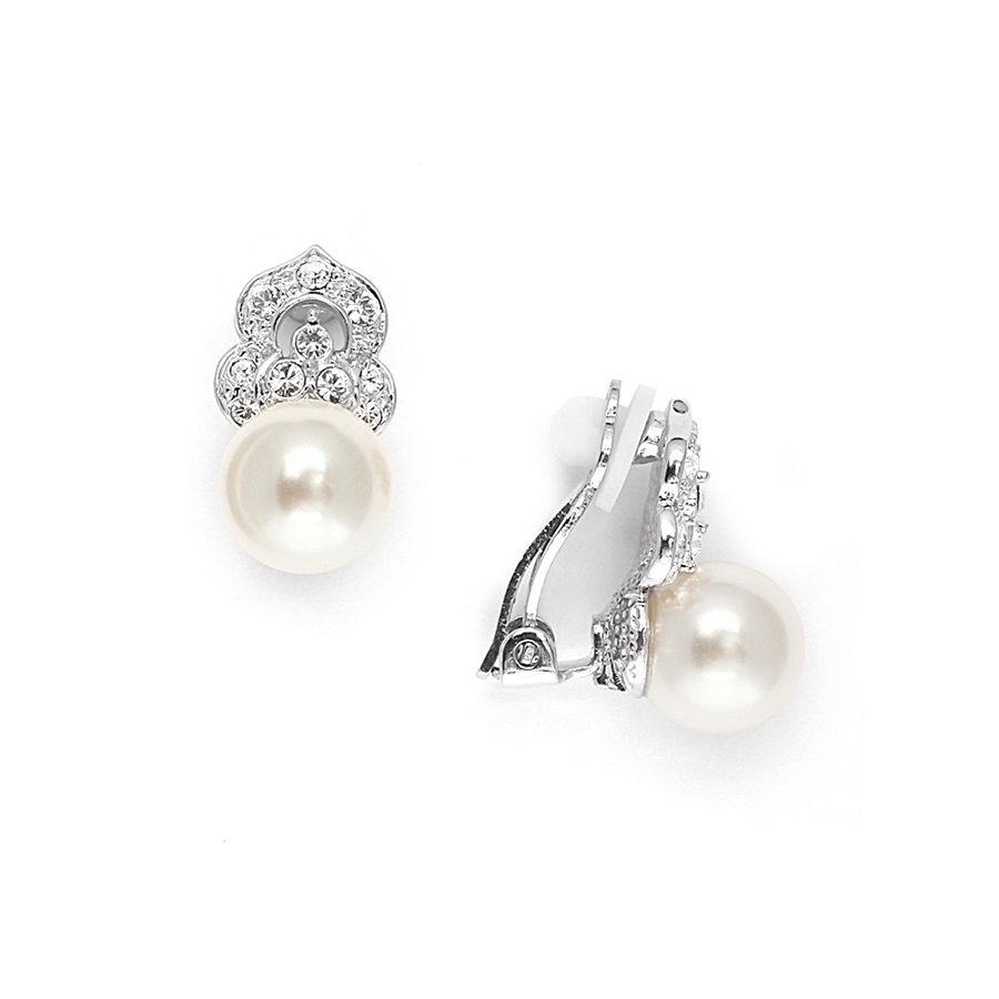 Cubic Zirconia & Soft Cream Pearl Clip-On Wedding Earrings<br>3827EC