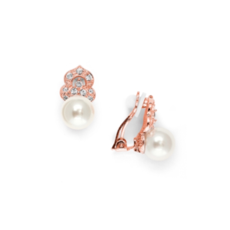 Mariell Wholesale Cubic Zirconia & Soft Cream Pearl Vintage Wedding Earrings in Rose Gold