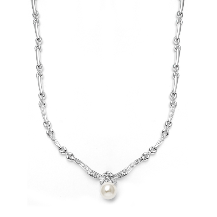 Sleek Designer Pearl & Cubic Zirconia Wedding Necklace<br>3827N