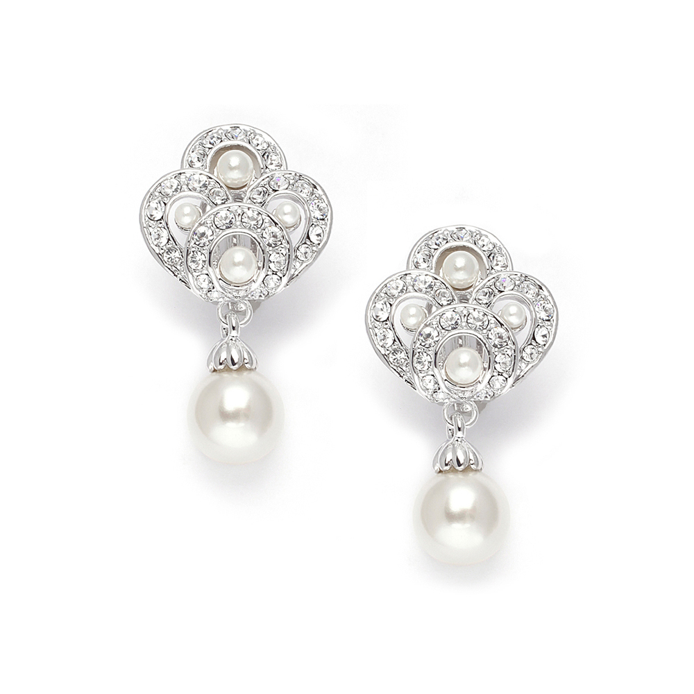 Art Deco Cubic Zirconia &  Pearl Drop Wedding Earrings<br>3830E