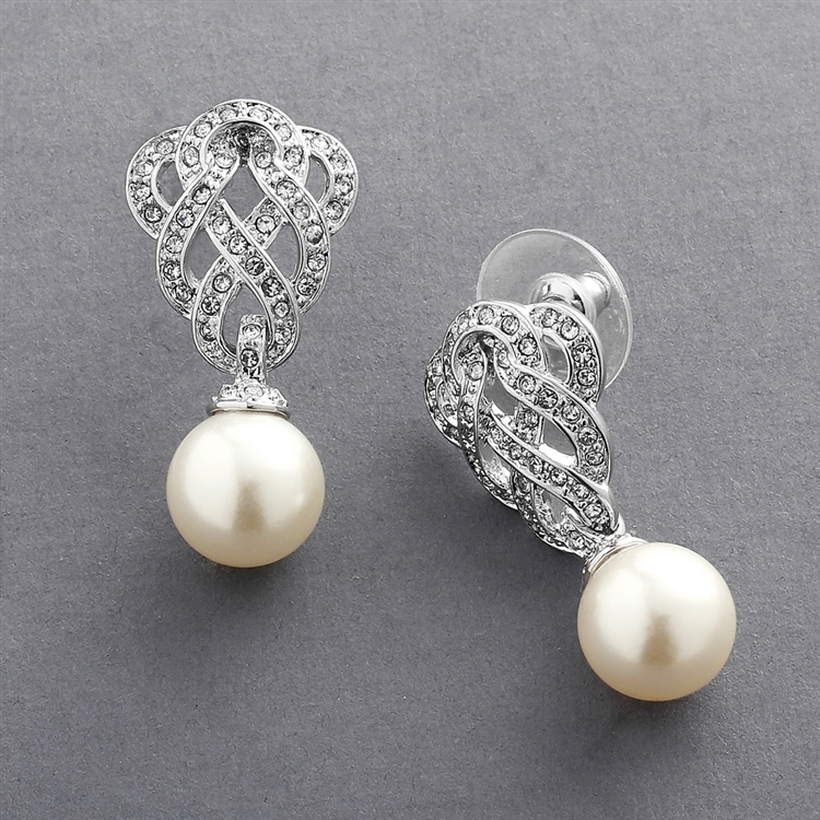 Cubic Zirconia Braided Wedding Earrings with Pearl Drop<br>3831E