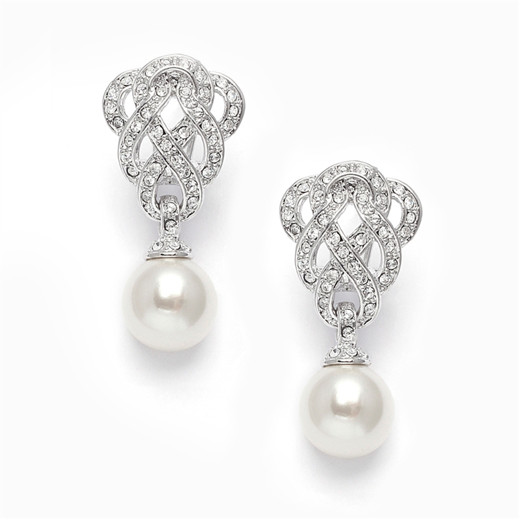 Clip-On Cubic Zirconia Braided Wedding Earrings with Pearl Drop<br>3831EC