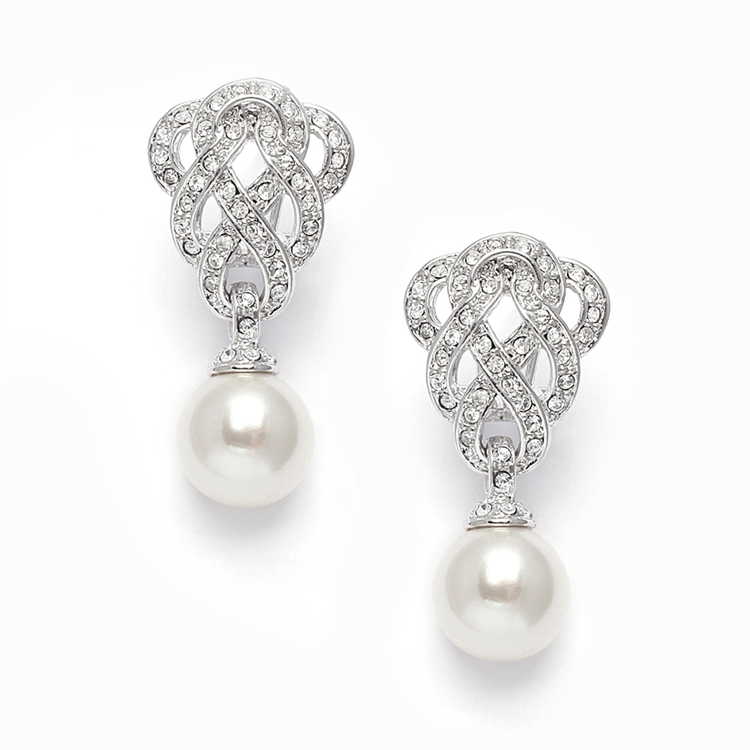 Mariell Wholesale Clip-On Cubic Zirconia Braided Wedding Earrings with Pearl Drop
