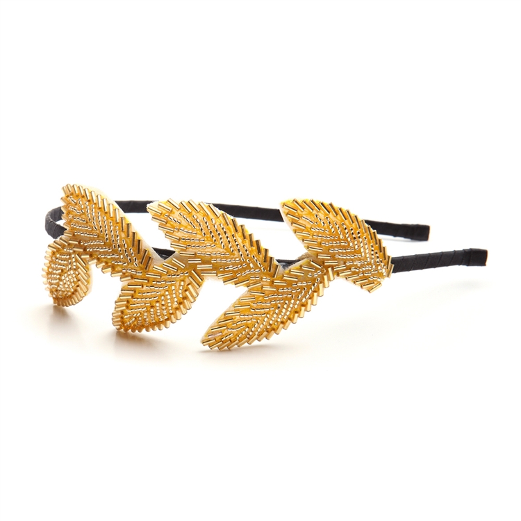 Garland Headband with Golden Beaded Leaves<br>3864HB-G