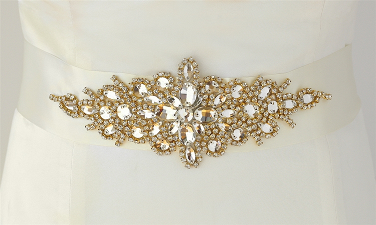 Opulent Ivory Satin Bridal Sash with Gold and Crystal Starburst<br>3886SH-I-G