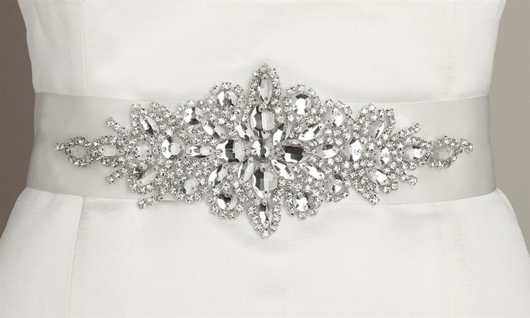 Opulent White Satin Bridal Sash with Crystal Starburst<br>3886SH-W