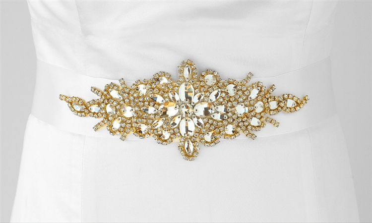 Opulent White Satin Bridal Sash with Gold and Crystal Starburst<br>3886SH-W-G