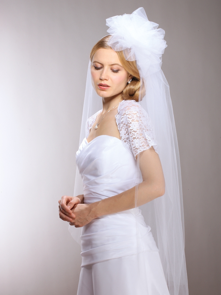 Long Fingertip  Bridal Veil with Tulle Pouf - White<br>3901V-W