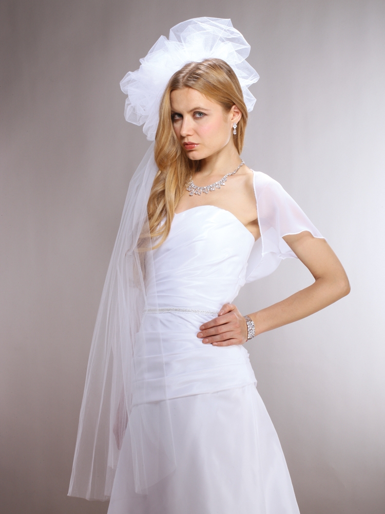 Long Fingertip White Bridal Veil with Large Tulle Pouf<br>3903V-W