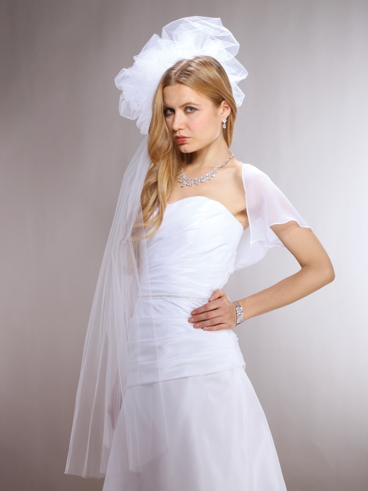 Mariell Wholesale Long Fingertip White Bridal Veil with Large Tulle Pouf