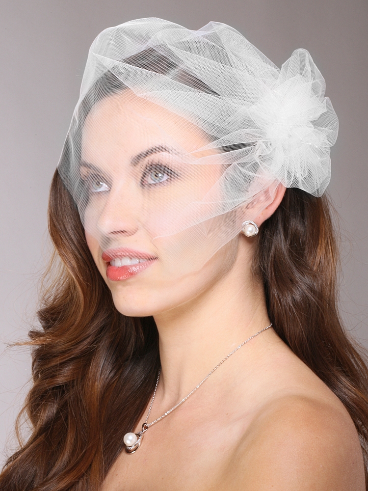 White Tulle Birdcage Veil Bridal Cap with Side Pouf & Stamen Accents<br>3908V - White