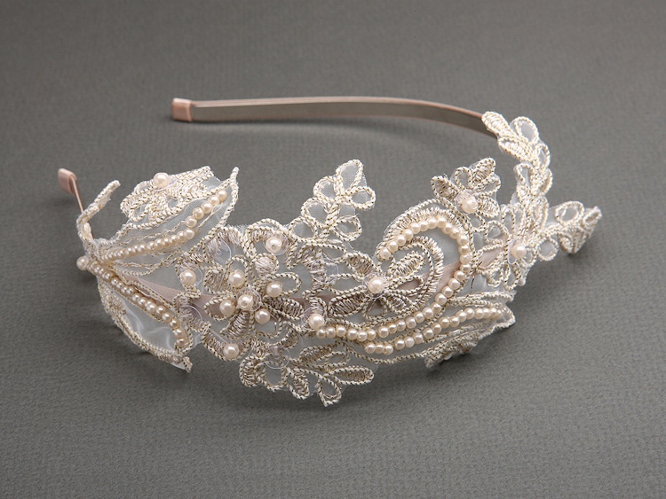 Vintage Champagne Lace Headband with Pearls & Sequins<br>3909HB-CHG