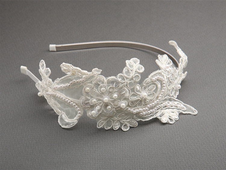 Vintage Ivory Lace Headband with Pearls & Sequins<br>3909HB-I