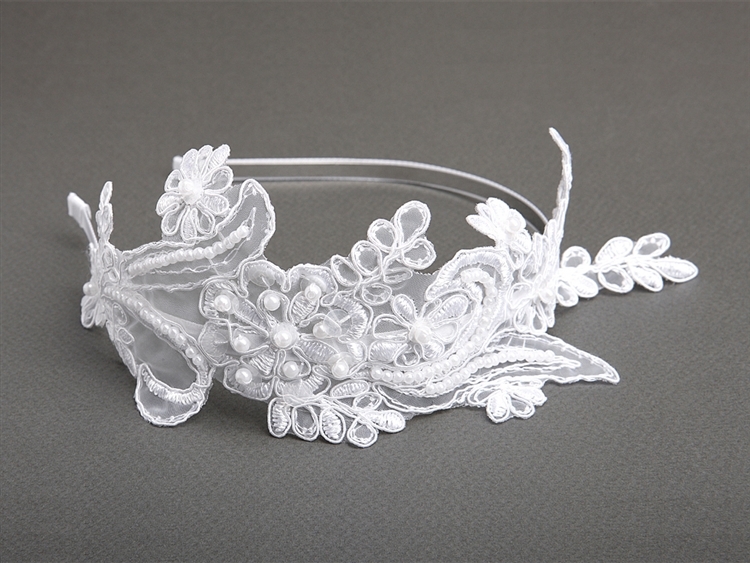 Vintage White Lace Headband with Pearls & Sequins<br>3909HB-W