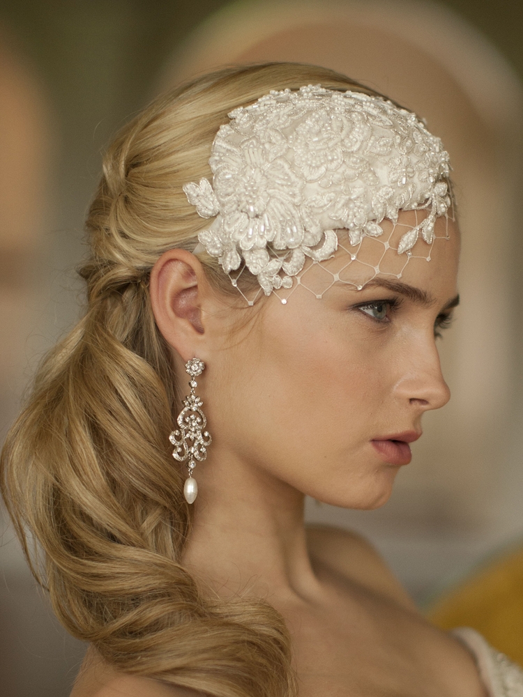 Retro Lace and Silk Bridal Cocktail Hat with Wide Netting<br>3912H