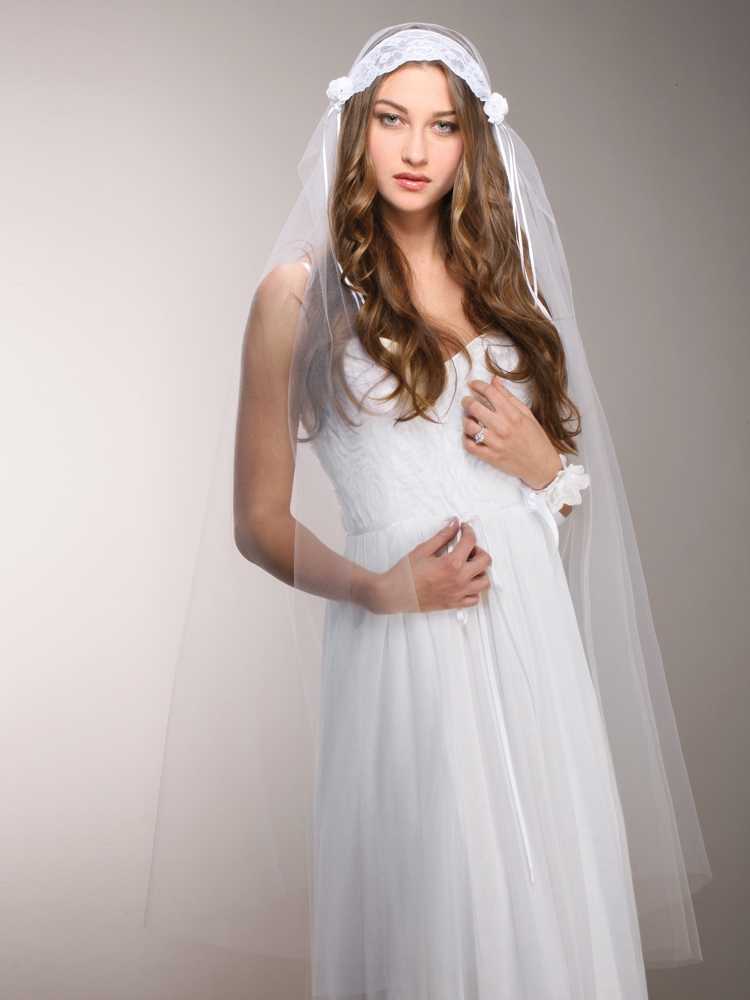 Mariell Wholesale White Vintage Lace Juliet Veil with Rosebuds