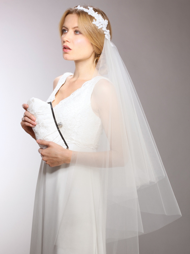 Couture Asymmetrical Hip Length Veil with White Lace Headband & Blusher<br>3939V-W