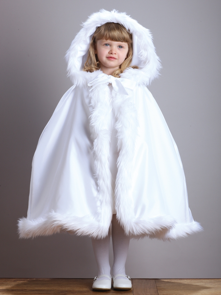 Mariell Wholesale Hooded Children's White Satin Wedding Cloak with Faux Fur Trim