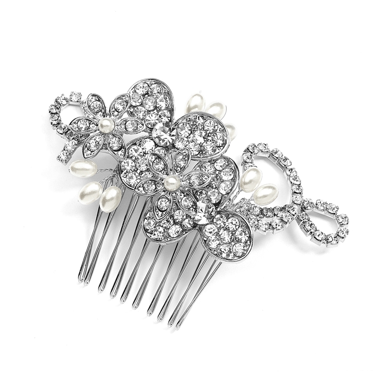 Antique Floral Bridal Comb with Freshwater Pearl Sprays & Graceful Rhinestone Vines<br>4004HC