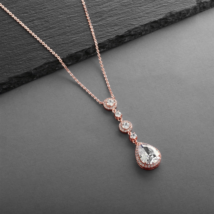 Mariell Wholesale Stunning Linear Rose Gold Bridal Necklace with Pear-shaped CZ Drop
