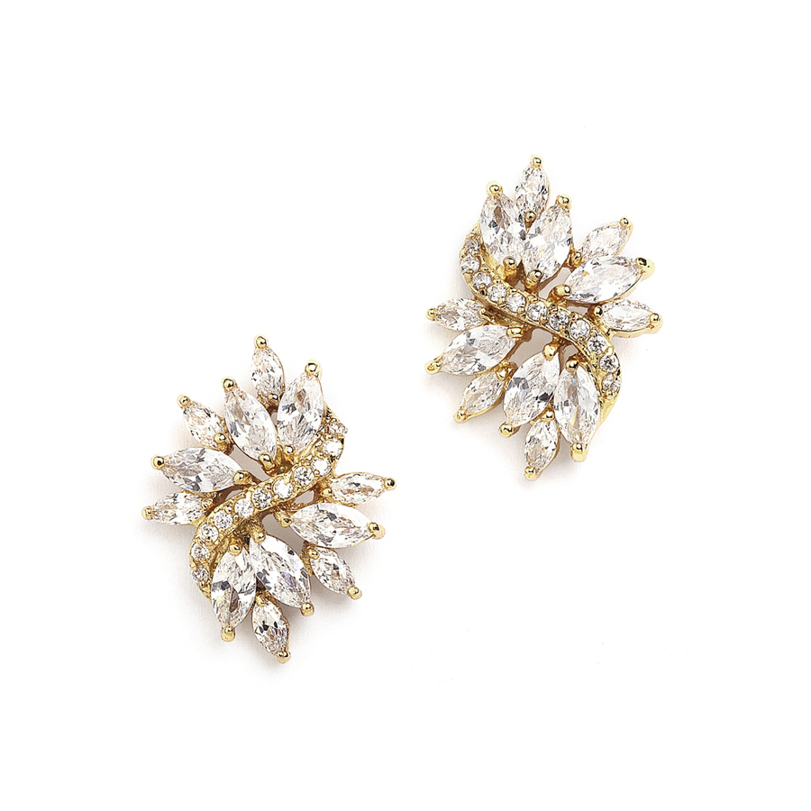 Gold Cubic Zirconia Cluster Bridal Earrings with Delicate Marquis Stones<br>4014E-G