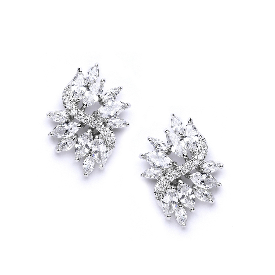 Cubic Zirconia Cluster Wedding Earrings with Delicate Marquis Stones<br>4014E-S