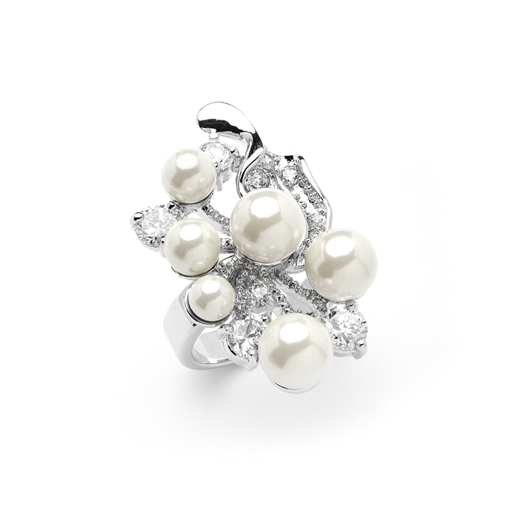 Mariell Wholesale CZ Cocktail Ring with Ivory Pearl Bubbles - SIZE 9