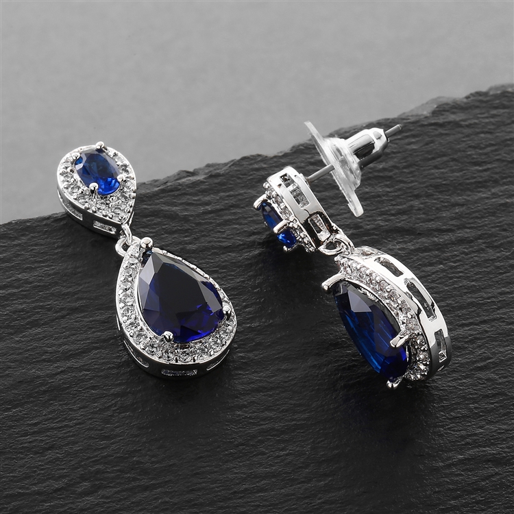 Top-Selling Something Blue Sapphire CZ  Teardrop Bridal or Bridesmaid Earrings<br>4036E-SA