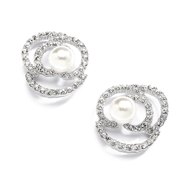 Designer Wedding Earrings with Cubic Zirconia and Pearl Flowers<br>4055E