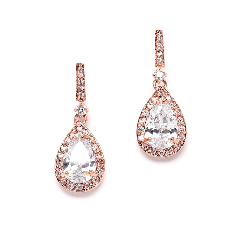 Rose Gold and Cubic Zirconia Bridal Earrings with Framed Pear Drops<br>4058E-RG