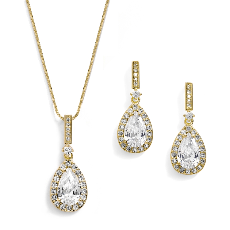 14K Gold CZ Pear-Shape Wedding Necklace & Earrings Set<br>4058S-G