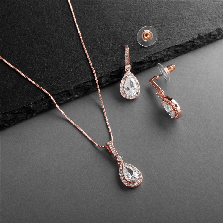 14K Rose Gold Plated CZ Pear-Shape Necklace & Earrings Set<br>4058S-RG