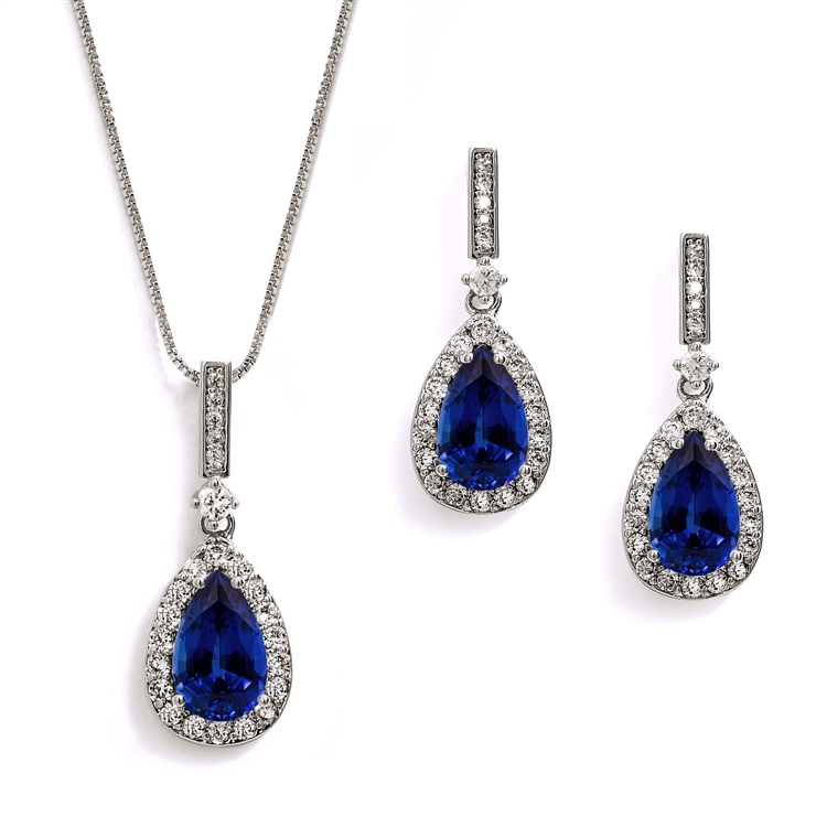 "Something Blue" Sapphire CZ Pear Shaped Necklace and Earrings Set<br>4058S-SA