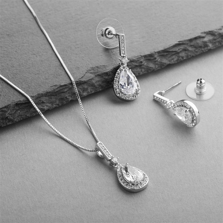 Silver Platinum CZ Pear-Shape Wedding Necklace & Earrings Set<br>4058S-SV