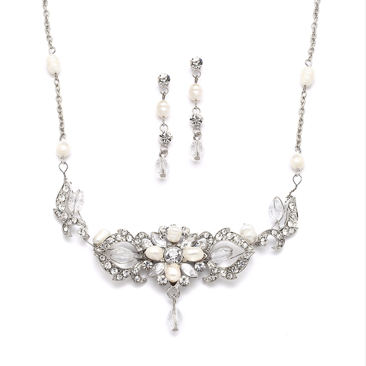Vintage Freshwater Pearl & Crystal Wedding Necklace & Earrings Set<br>4060S