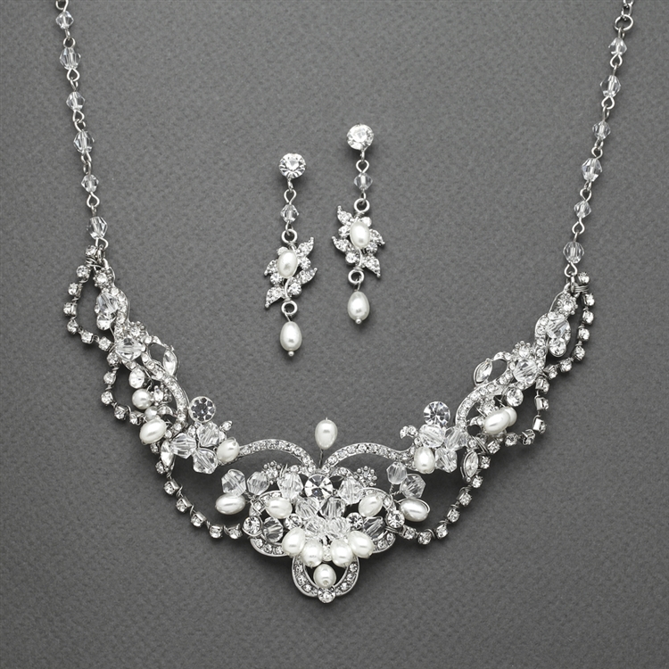 Freshwater Pearl & Crystal Wedding Necklace and Earrings Set<br>4061S